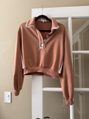For Love And Lemons Cropped Rust-Pink Polo Sweatshirt with White Trim